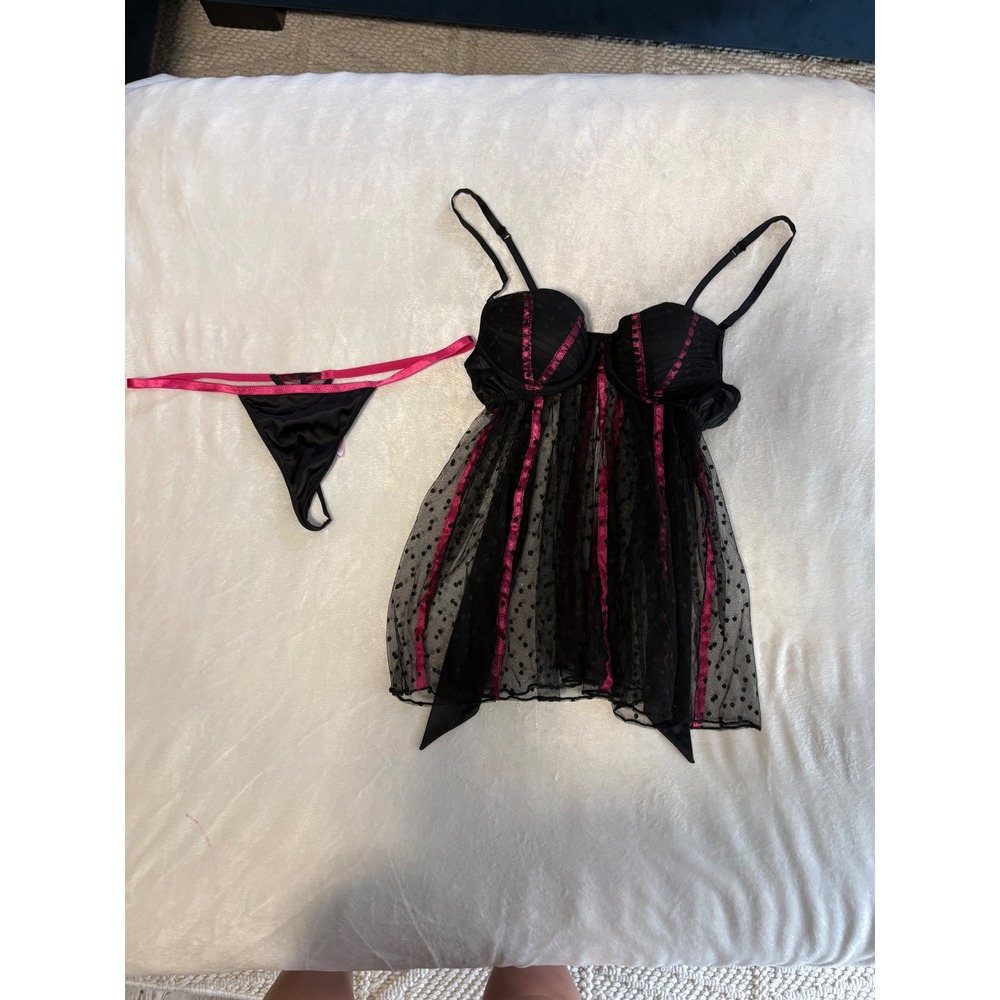 Victorias Secret Sexy Little Things Babydoll Thong Set Black Pink Polka Dot 34B